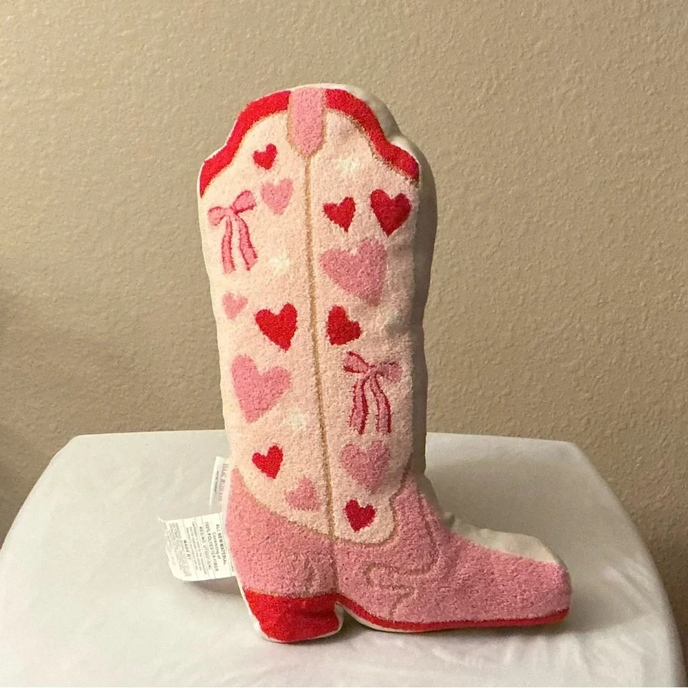 Isaac Mizrahi Pink and Red Hearts & Bows Boot Shaped Plush Pillow. NWOT